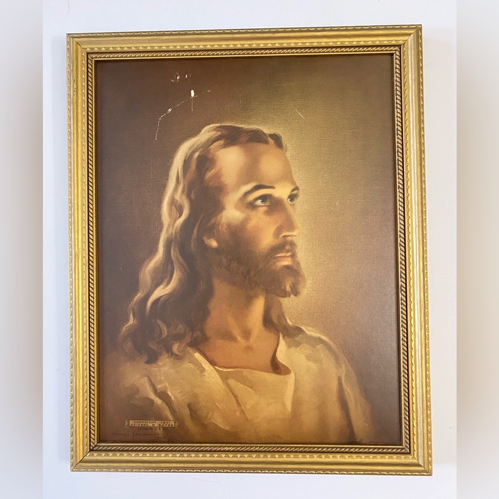 "1941 Kriebel & Bates Litho In USA" Warner Sallman Head Of Christ 15.5 “x 12.5”